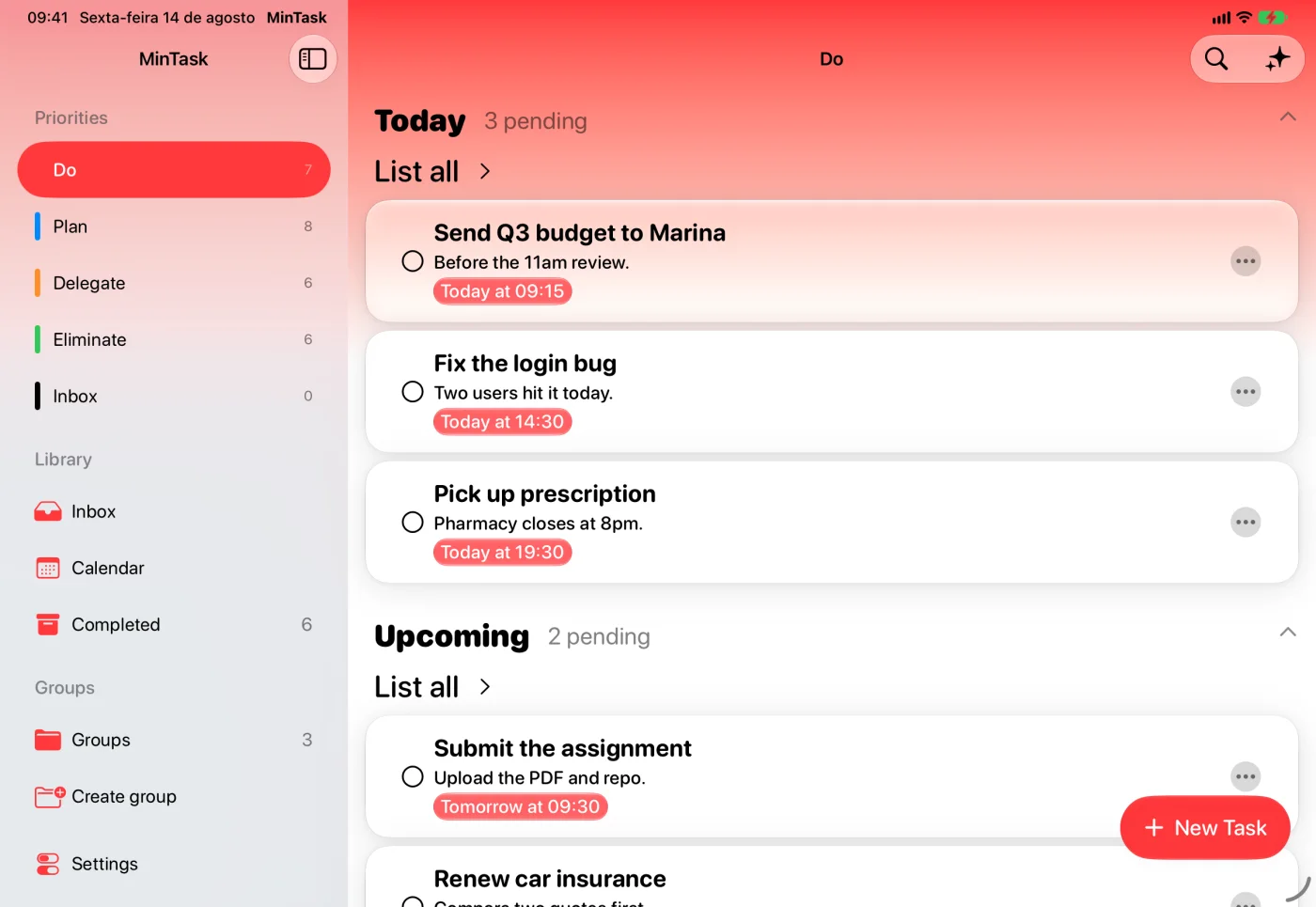 MinTask on iPad, showing the sidebar next to the Do quadrant